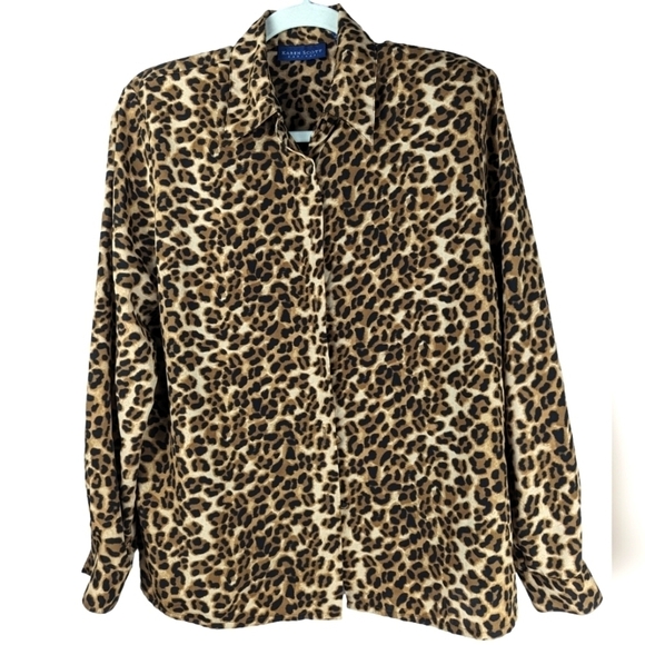 Vintage Karen Scott Leopard Mob Wife Long Sleeve Button-Up Blouse Size PM - Picture 1 of 6